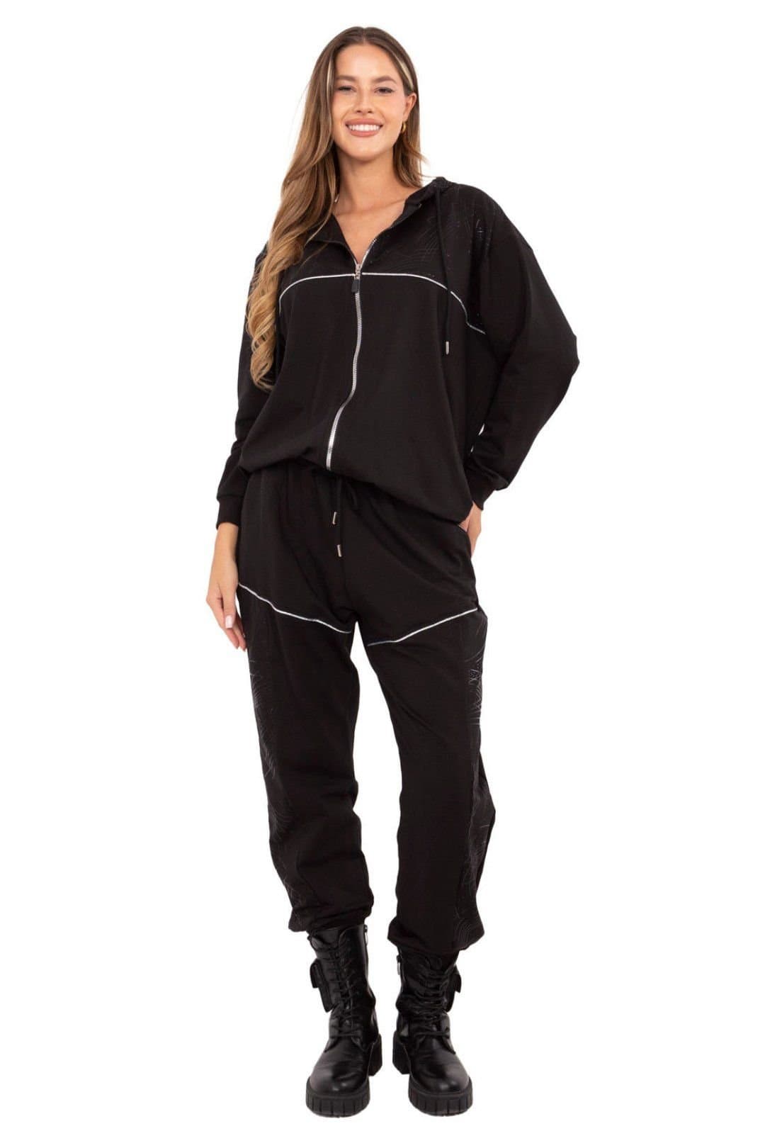 Love Lace Love Lace Women's Cotton Zip Hoodie Tracksuit Set with Tie Pants in Black