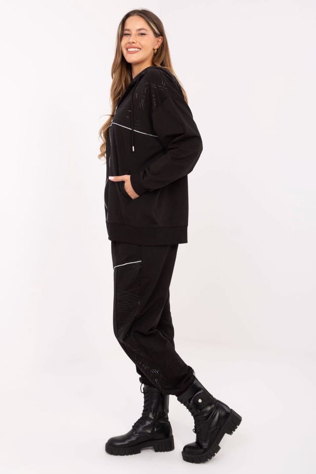 Love Lace Love Lace Women's Cotton Zip Hoodie Tracksuit Set with Tie Pants in Black - 2