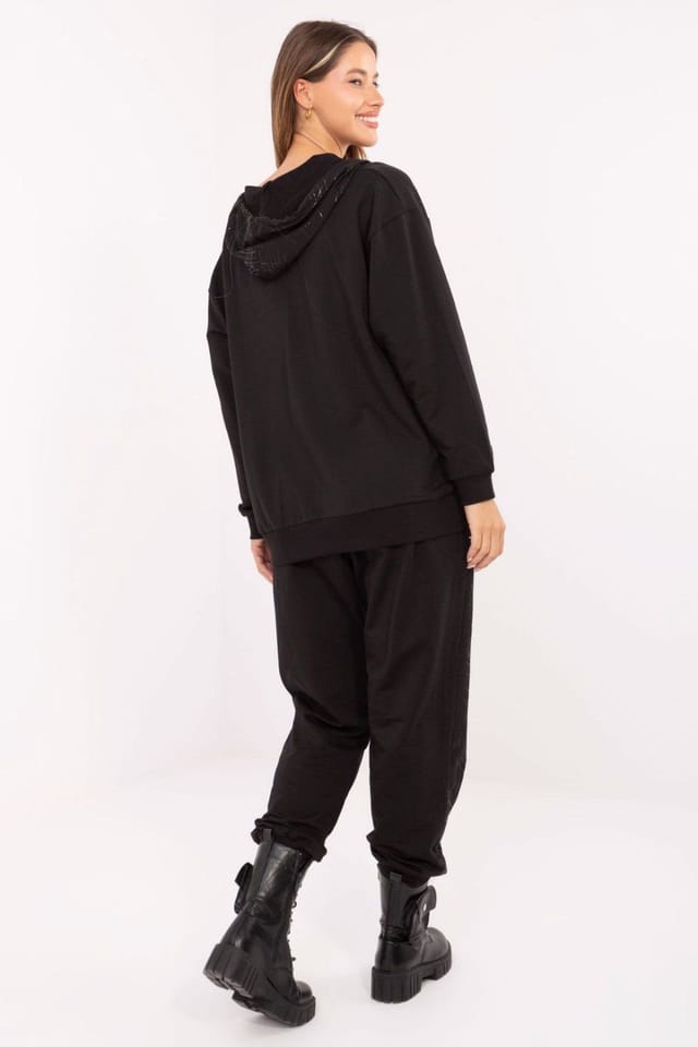 Love Lace Love Lace Women's Cotton Zip Hoodie Tracksuit Set with Tie Pants in Black - 3