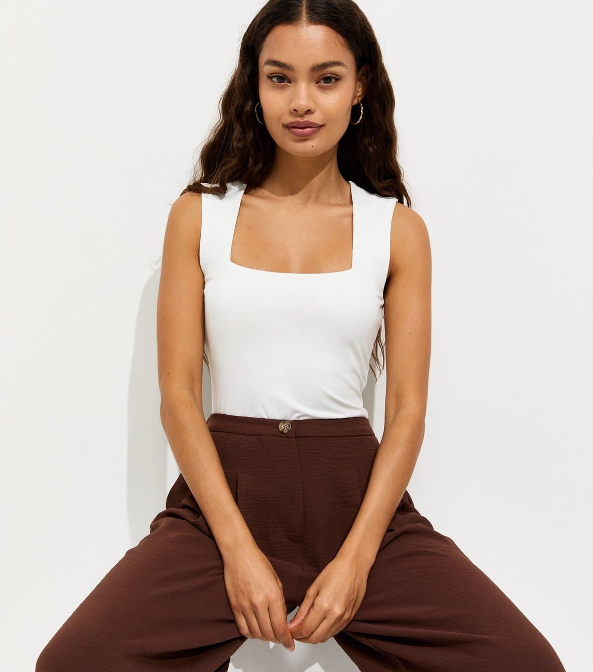 New Look Women's Petite White Square Neck Neck Sleeveless Bodysuit New Look