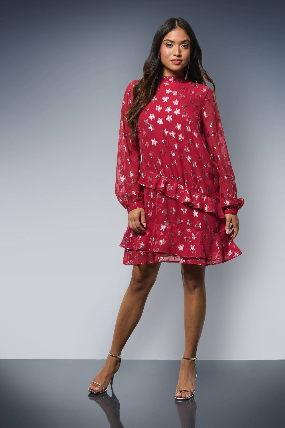 Dorothy Perkins Dorothy Perkins Women's Petite DP Luxe Star Jacquard Ruffle Shift Mini Dress in Red - 2