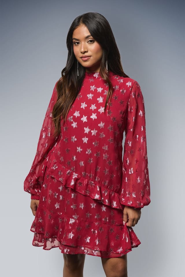 Dorothy Perkins Dorothy Perkins Women's Petite DP Luxe Star Jacquard Ruffle Shift Mini Dress in Red - 2