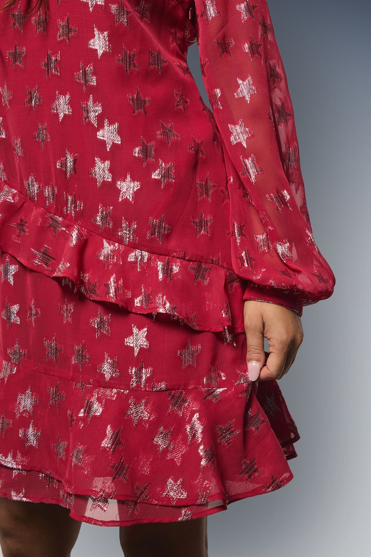 Dorothy Perkins Dorothy Perkins Women's Petite DP Luxe Star Jacquard Ruffle Shift Mini Dress in Red - 4