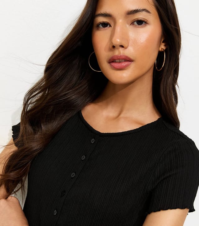 New Look Women's Black Ribbed Texture Button Front T-Shirt New Look - 3