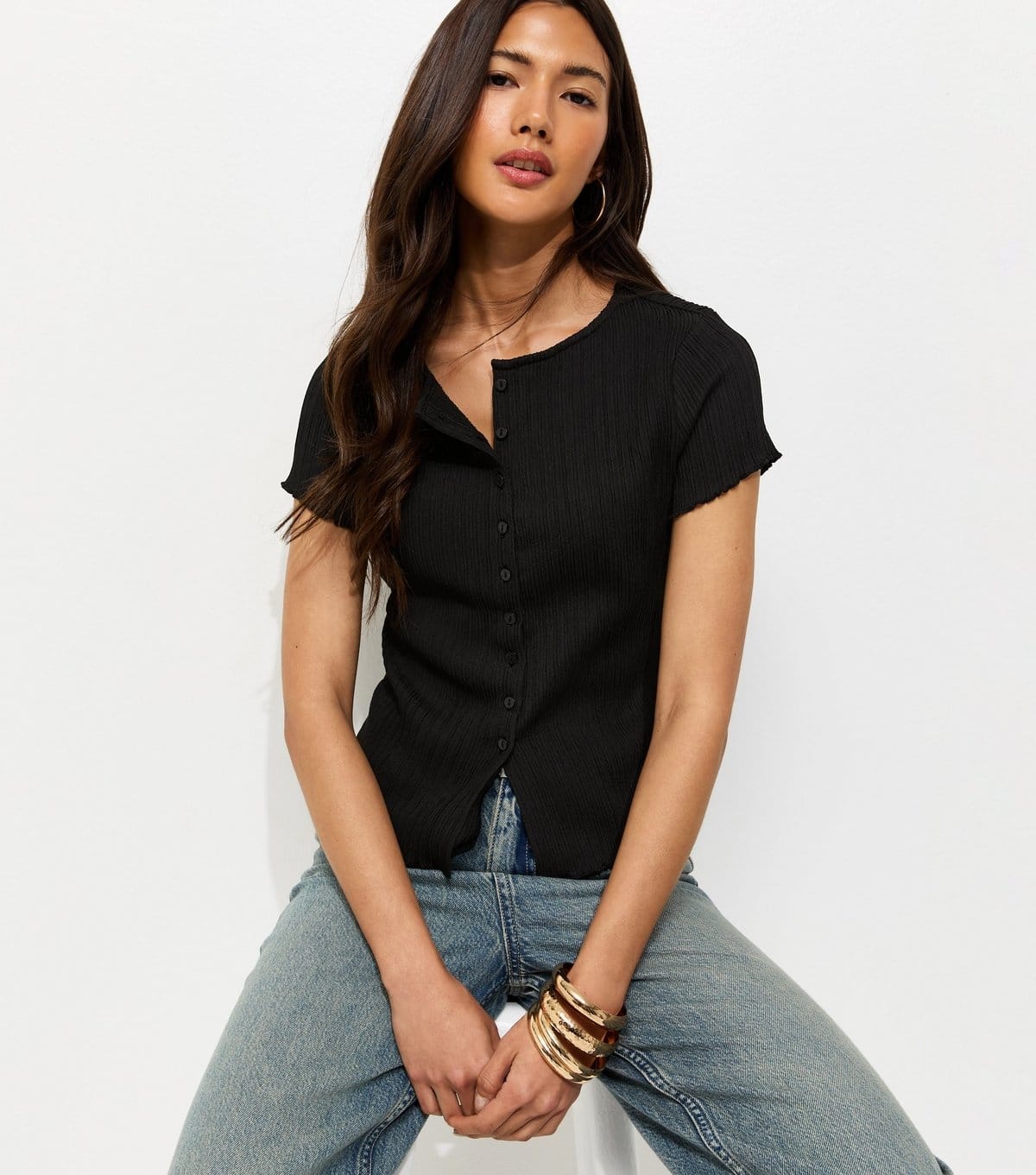 New Look Women's Black Ribbed Texture Button Front T-Shirt New Look - 4