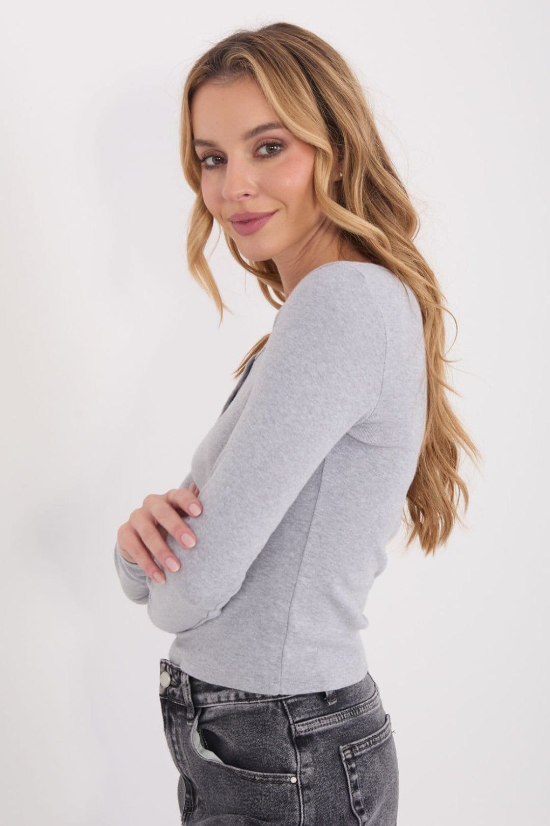 Love Lace Love Lace Women's Fitted Long Sleeve Cotton Button Blouse in Grey - 4