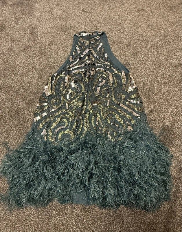ASOS ASOS Edition teal embellished sequined plunge neck mini dress size 12 faux feather hem