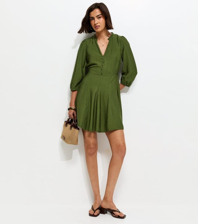 New Look Women's Khaki Godet Skirt Belted Mini Shirt Dress New Look - 2