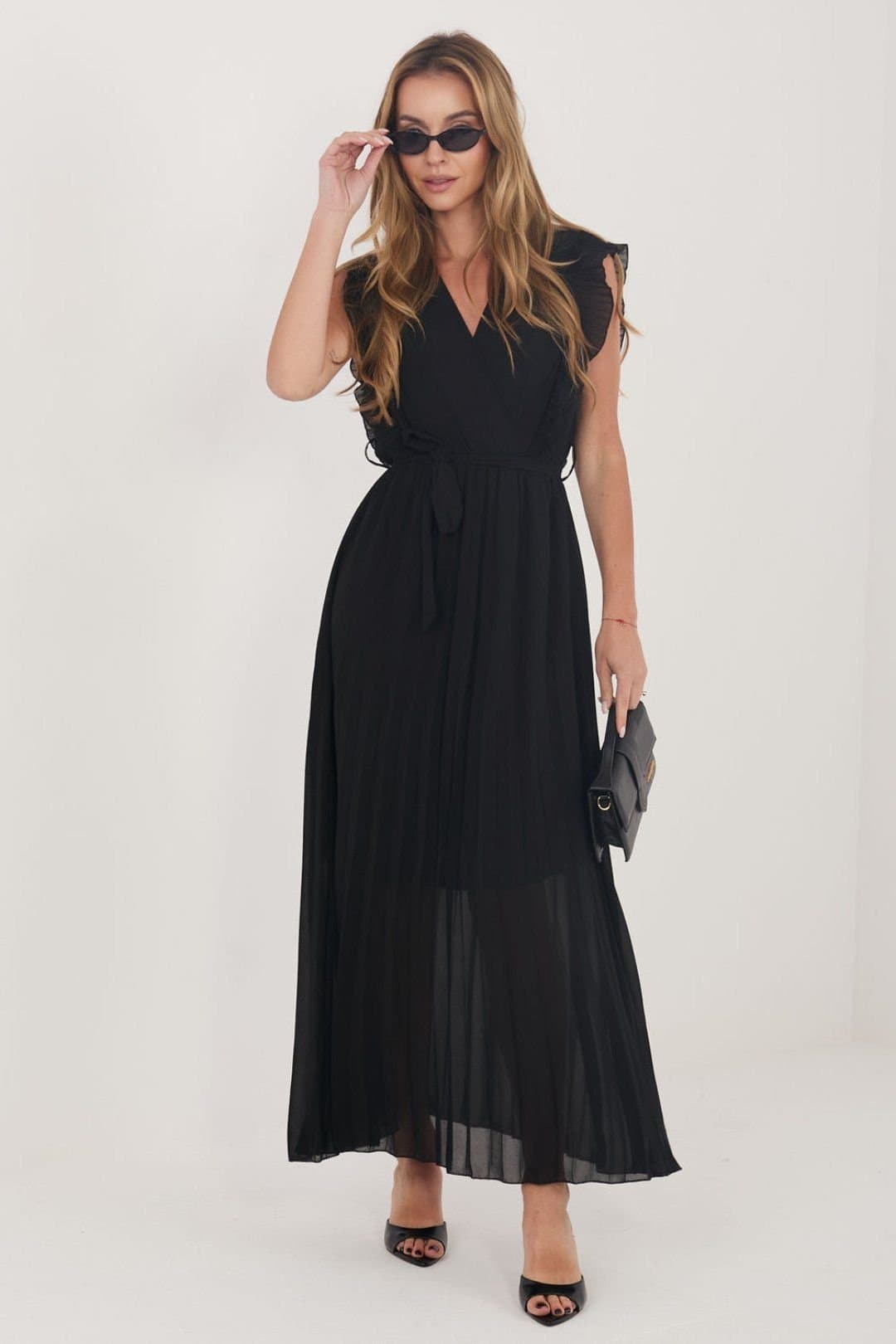 Love Lace Love Lace Women's Flared Wrap Midi Dress with Side Ruffles in Black