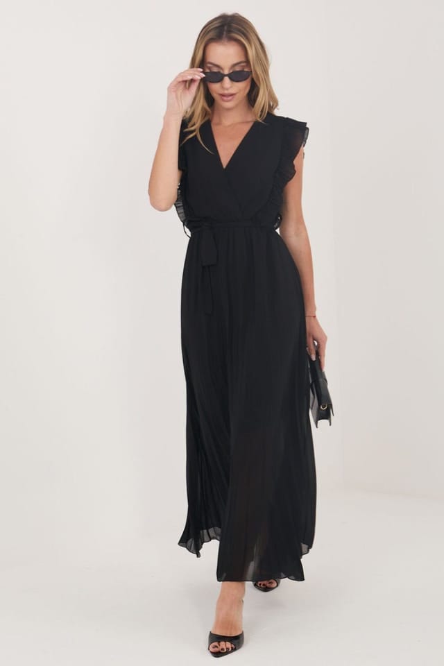 Love Lace Love Lace Women's Flared Wrap Midi Dress with Side Ruffles in Black - 2