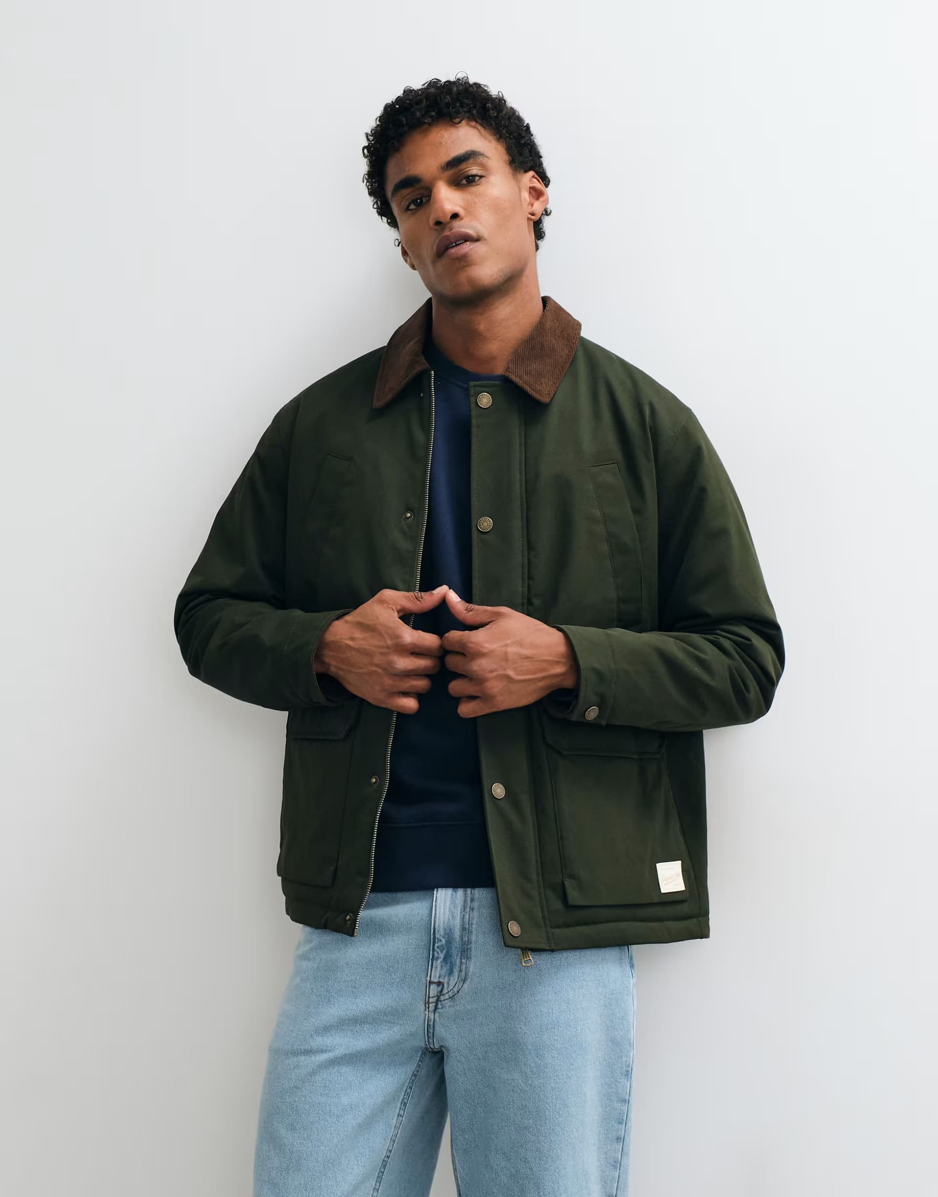 ASOS Jack & Jones double pocket barn jacket with cord collar in dark green