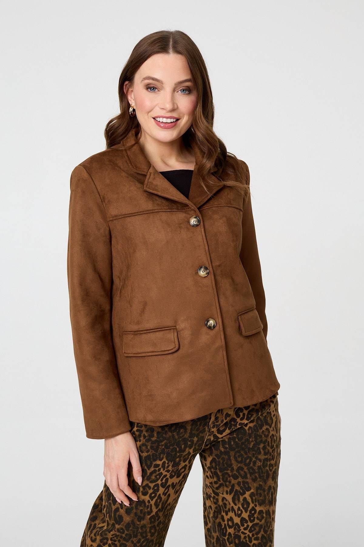 Izabel London Izabel London Women's Faux Suede Pocket Front Slim Jacket in Brown