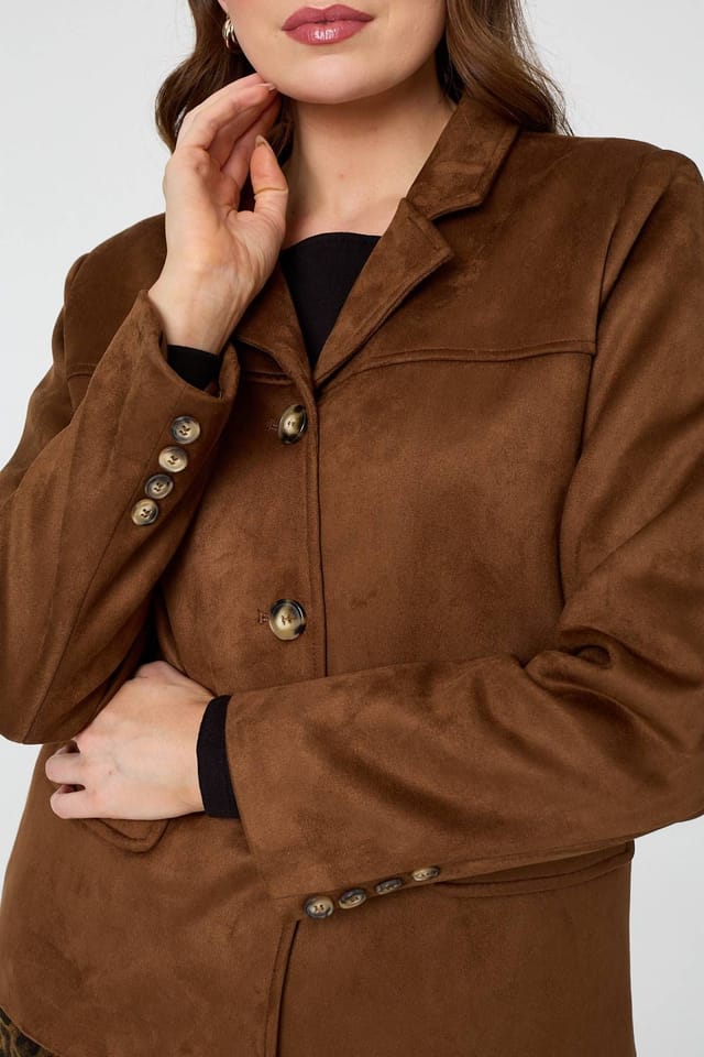 Izabel London Izabel London Women's Faux Suede Pocket Front Slim Jacket in Brown - 2