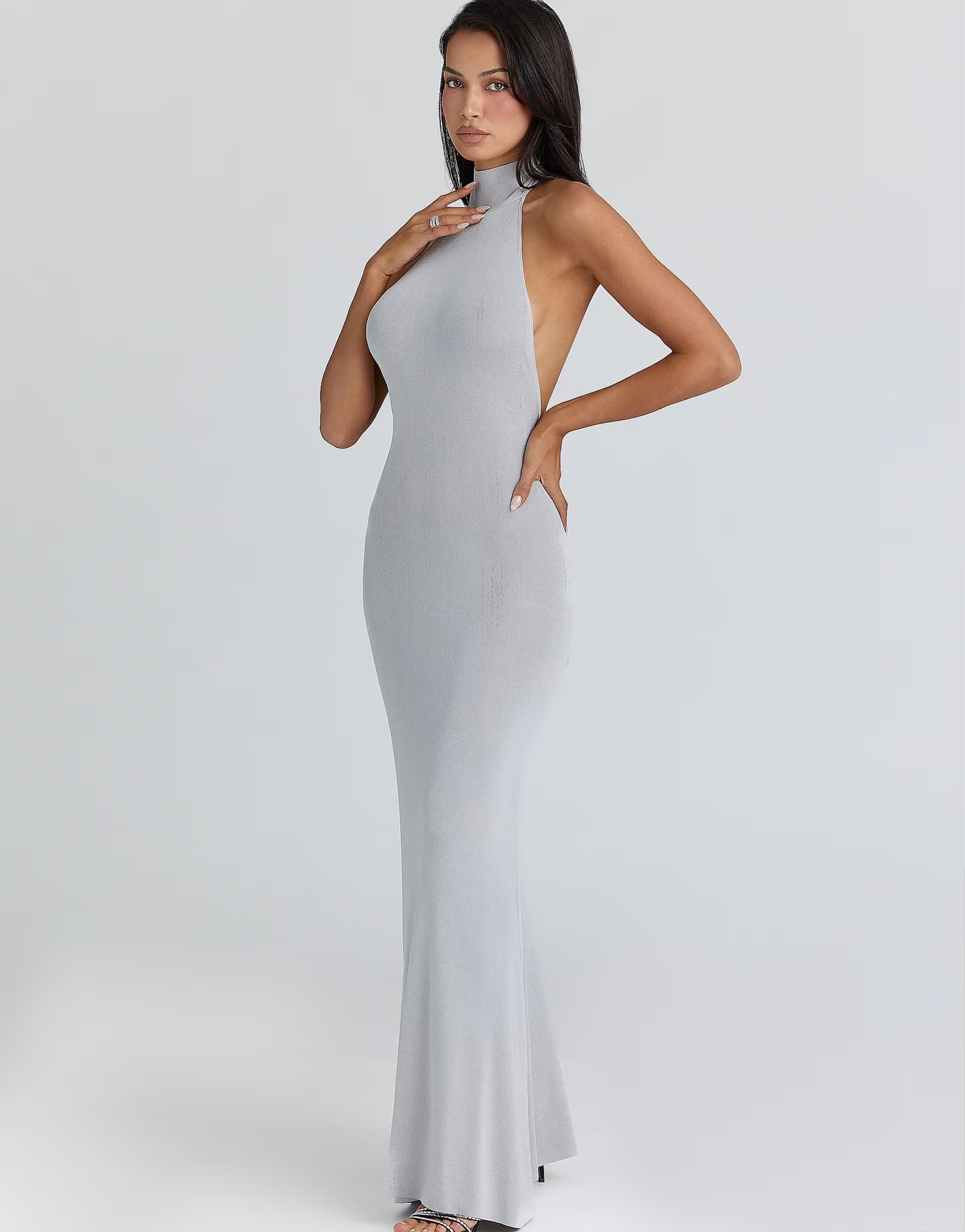 ASOS House of CB Nova silver grey halter neck backless maxi dress in grey