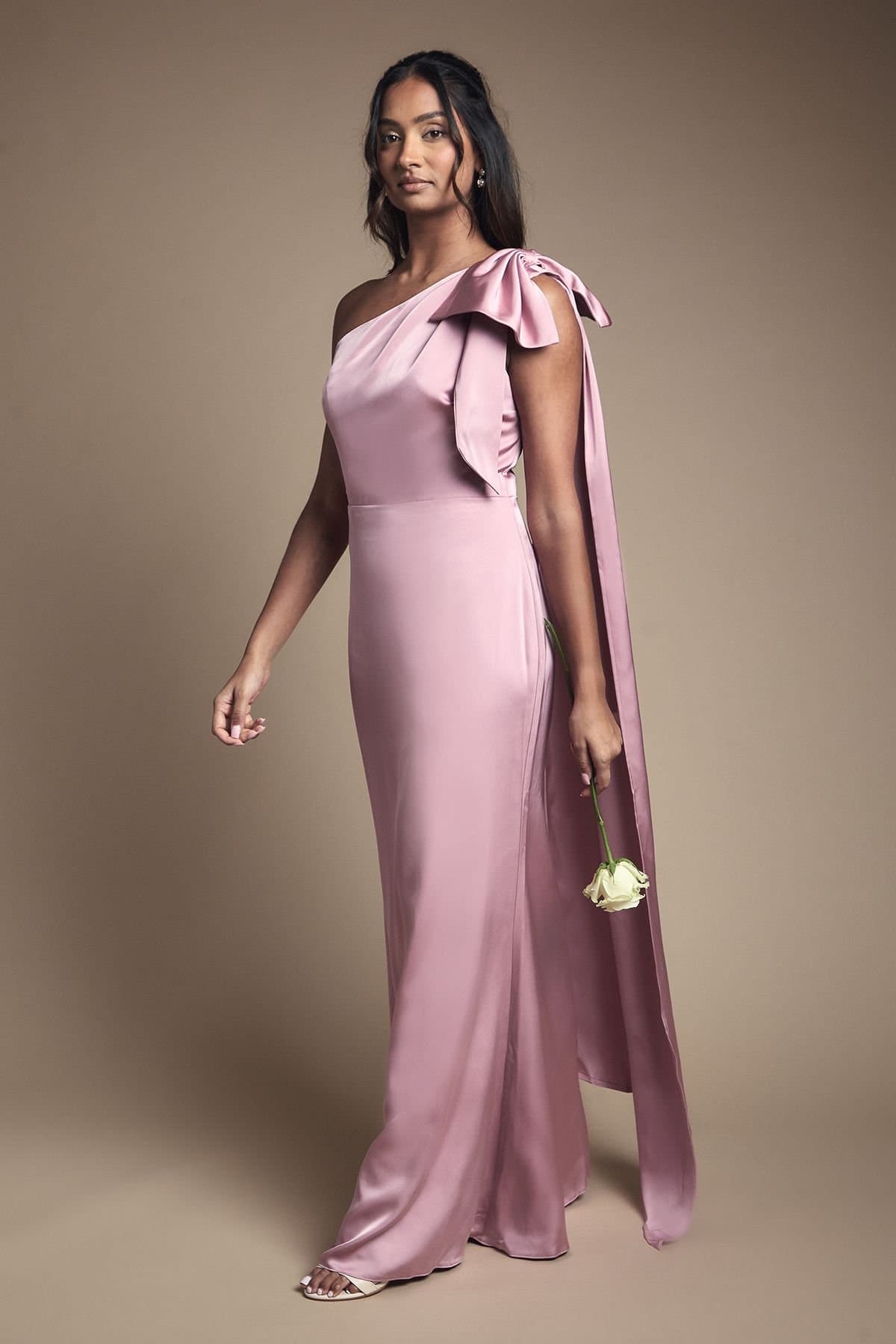 Coast Coast Women's Bow & Drape Detail One Shoulder Satin Bridesmaid Dress in Antique Rose