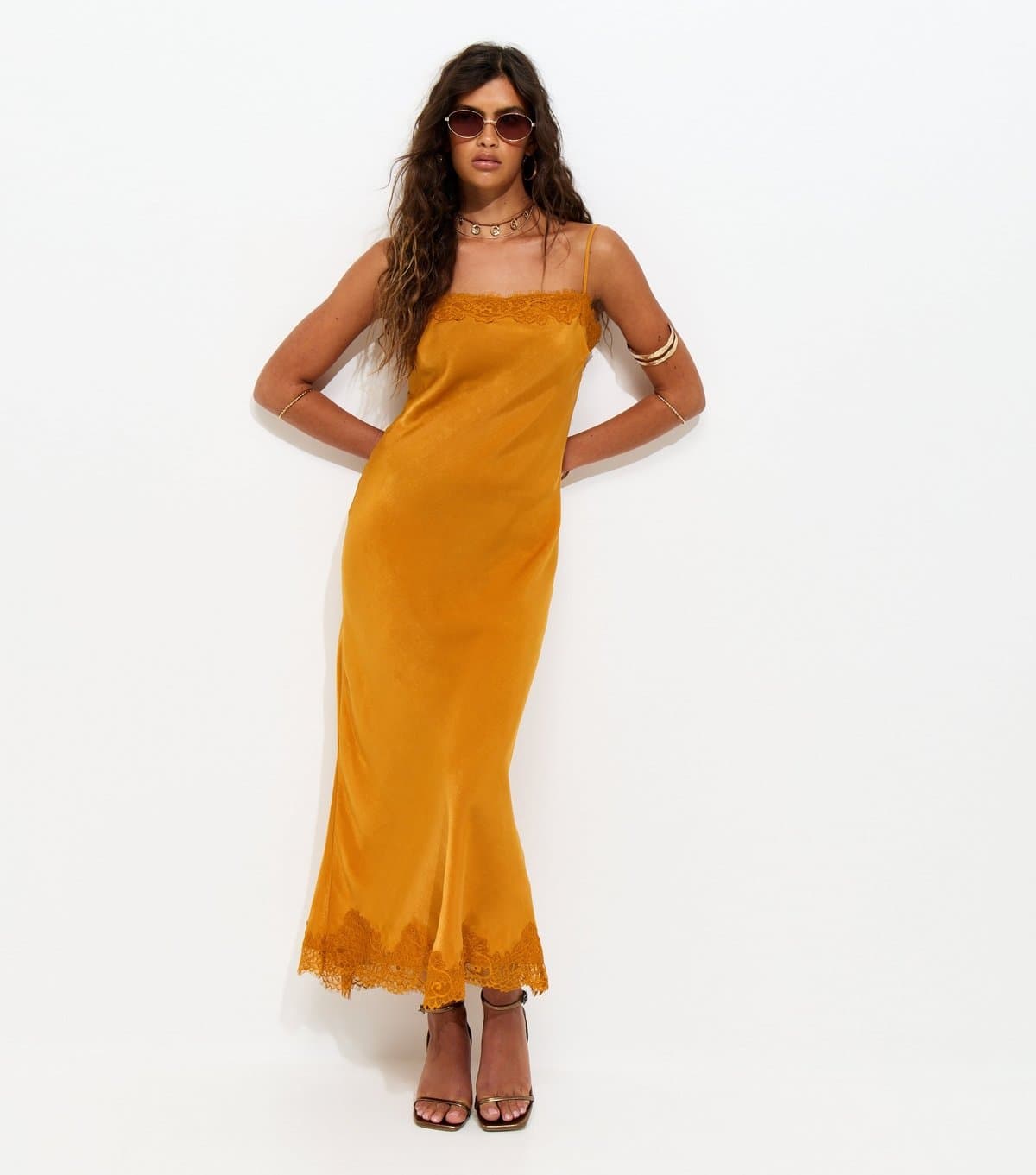 New Look Women's Dark Yellow Satin Lace Trimmed Midi Dress New Look