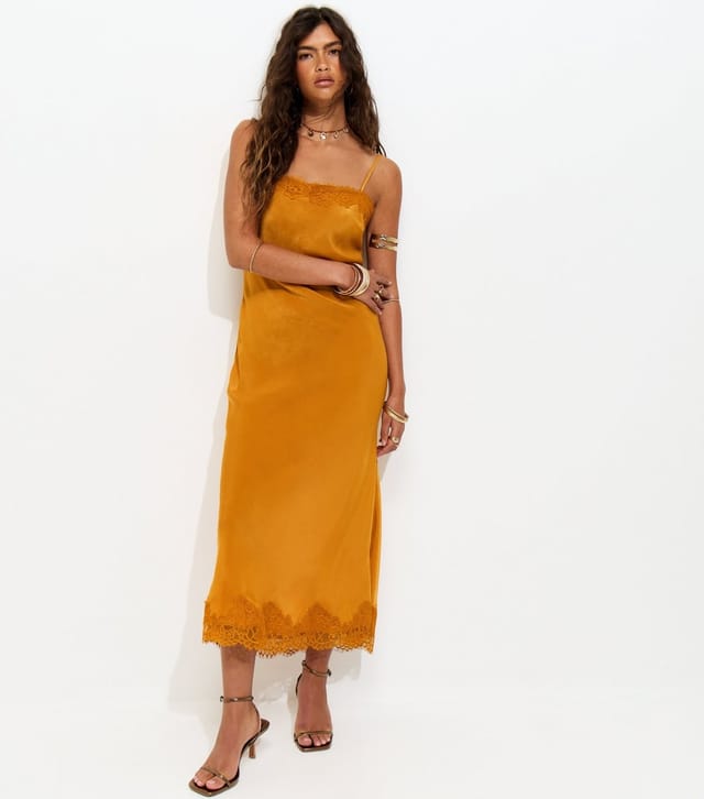 New Look Women's Dark Yellow Satin Lace Trimmed Midi Dress New Look - 2