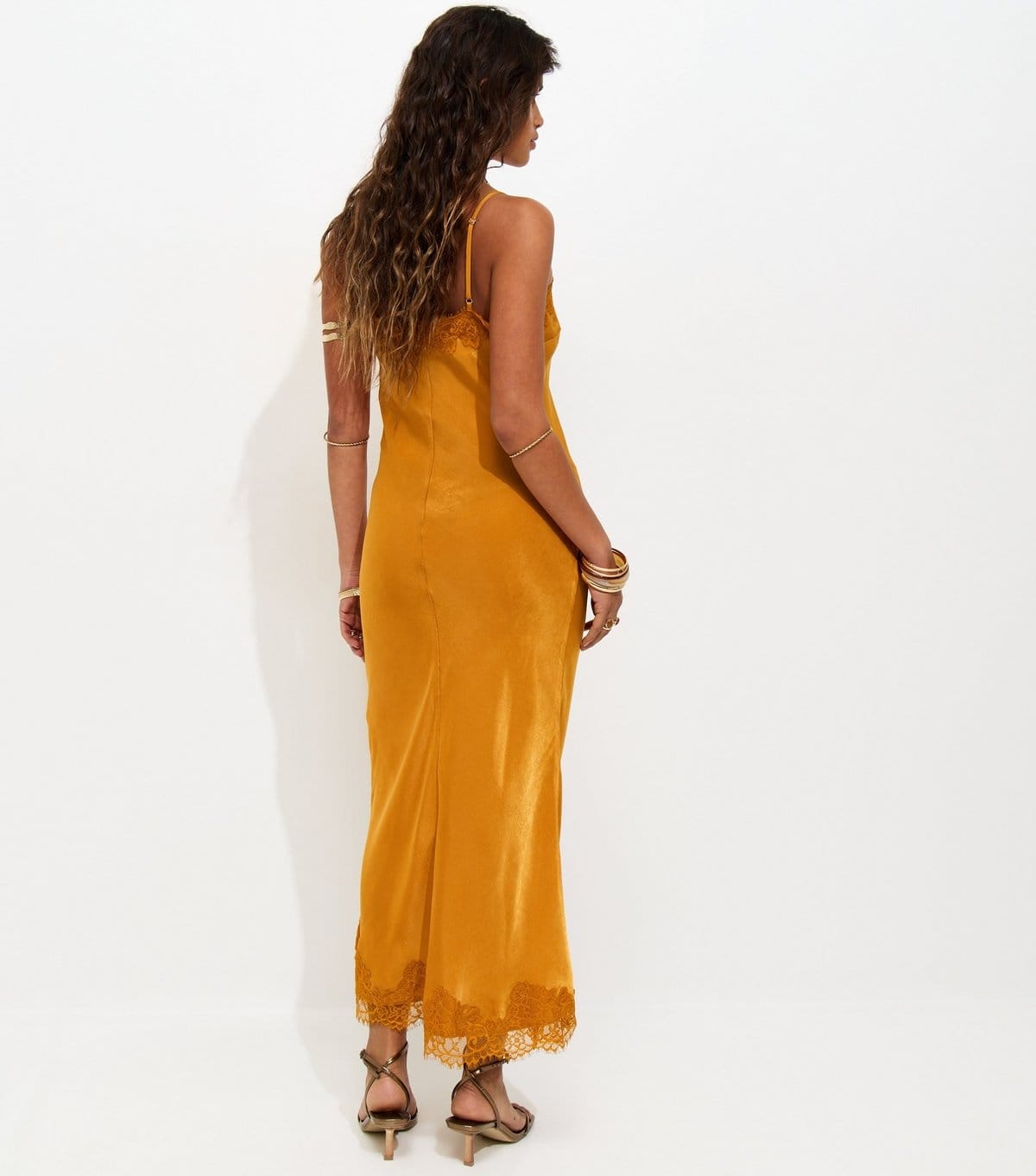 New Look Women's Dark Yellow Satin Lace Trimmed Midi Dress New Look - 4