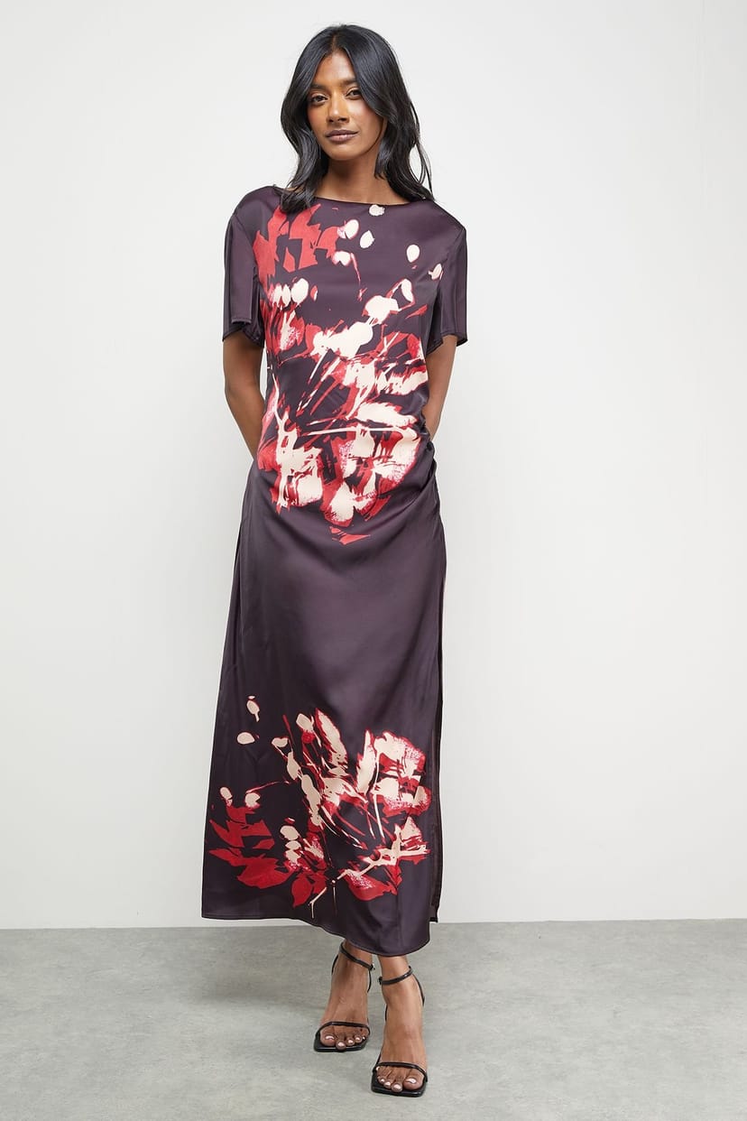 Warehouse Warehouse Women's Placement Print Crinkle Satin Ruched Midi Dress in Floral - 1