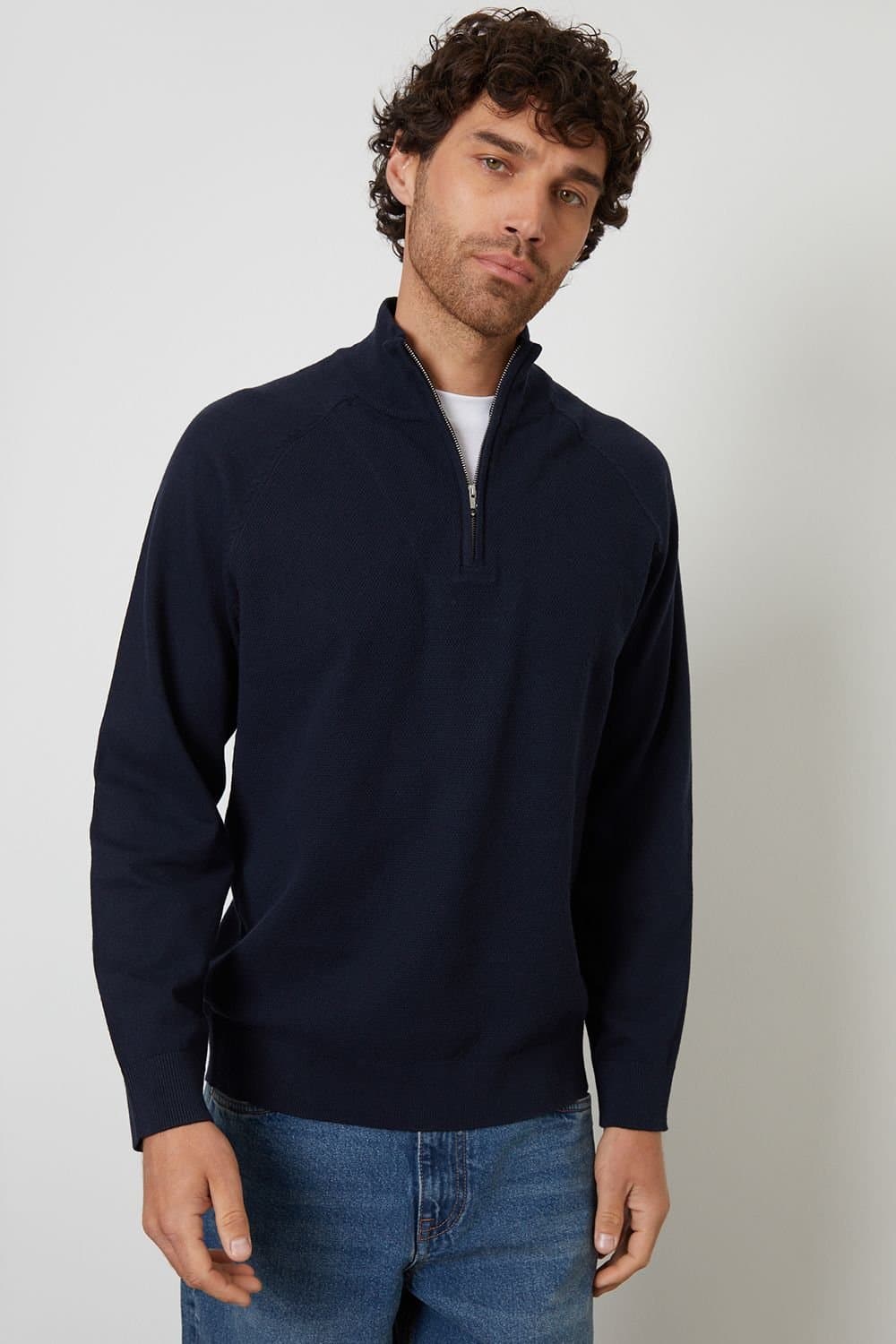Threadbare Threadbare Men's Mock Tee Textured Knit Quarter Zip Jumper in Navy