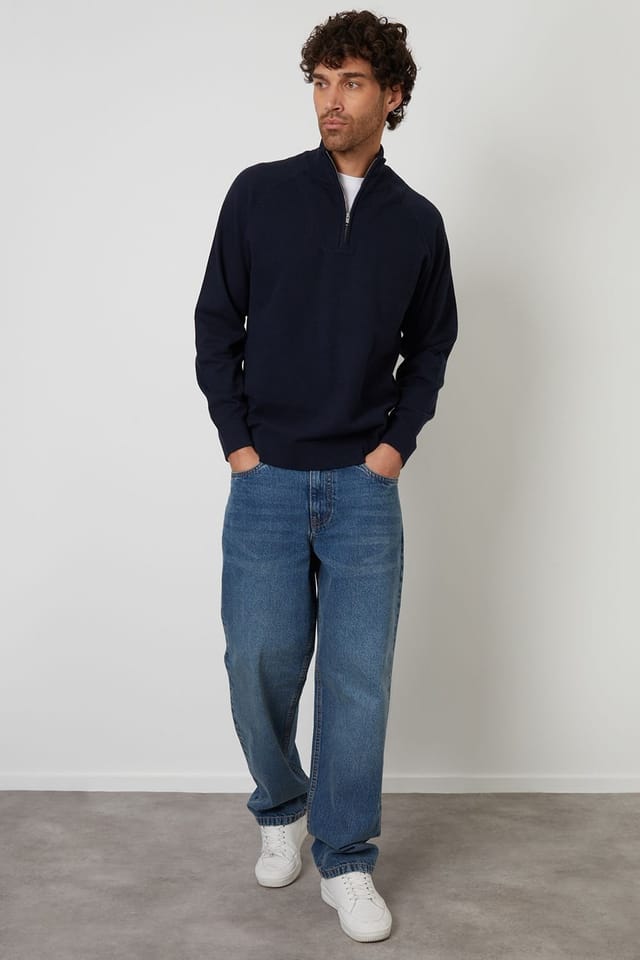 Threadbare Threadbare Men's Mock Tee Textured Knit Quarter Zip Jumper in Navy - 3