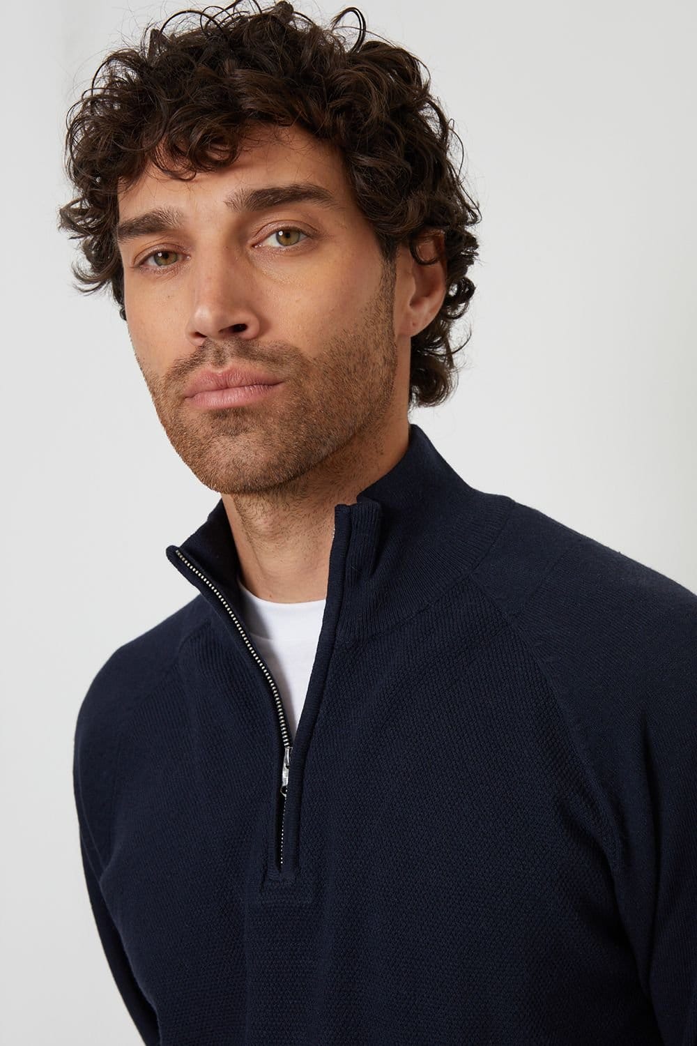 Threadbare Threadbare Men's Mock Tee Textured Knit Quarter Zip Jumper in Navy - 4