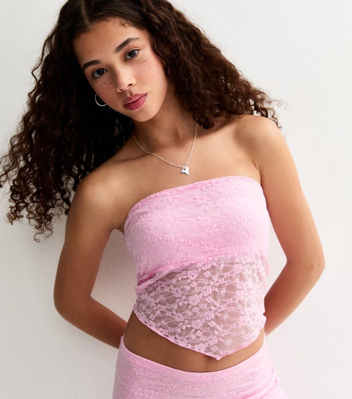 New Look Girls' Light Pink Lace Hanky Hem Bandeau Top New Look