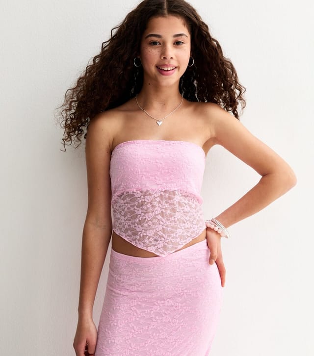 New Look Girls' Light Pink Lace Hanky Hem Bandeau Top New Look - 2