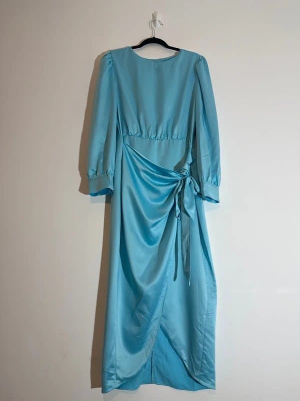 River Island River Island Blue Satin Wrap Midi Dress - size uk16
