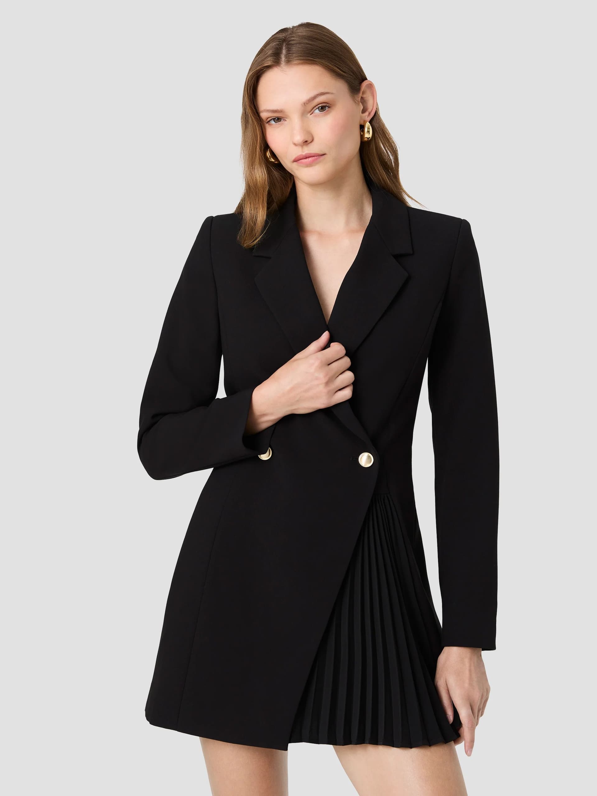 French Connection Azra Black Twill Pleated Tuxedo Mini Dress Black