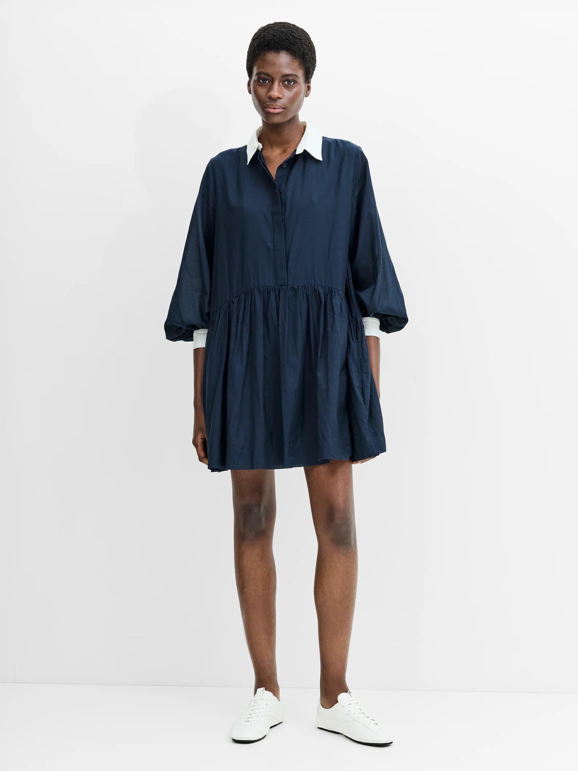 French Connection Monica Voile Voluminous Shirt Dress Navy/Porcelain Cream