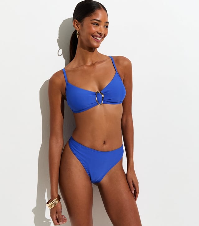 New Look Women's Dark Blue Gold Tone Wiggle Buckle Crop Bikini Top New Look - 2