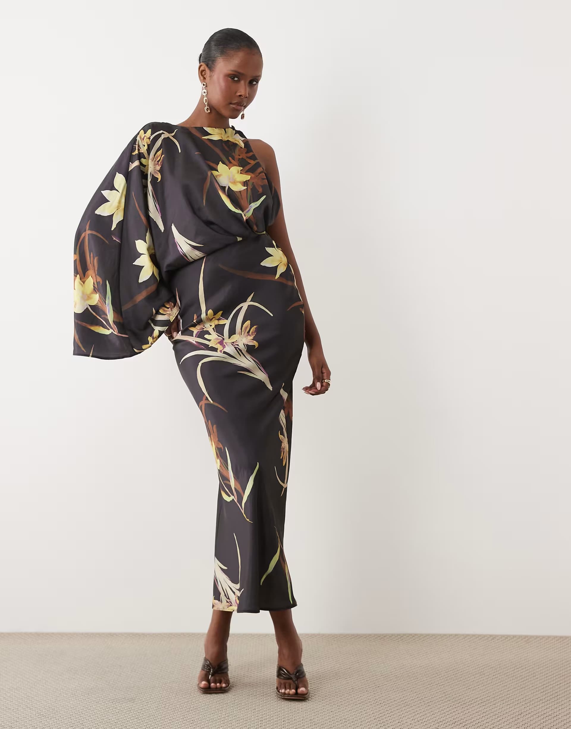ASOS ASOS DESIGN Asymmetric one draped sleeve gathered waist maxi dress