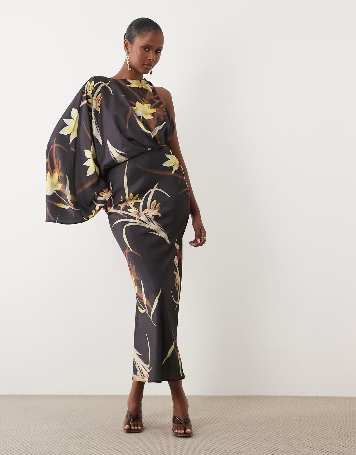 ASOS ASOS DESIGN Asymmetric one draped sleeve gathered waist maxi dress - 1