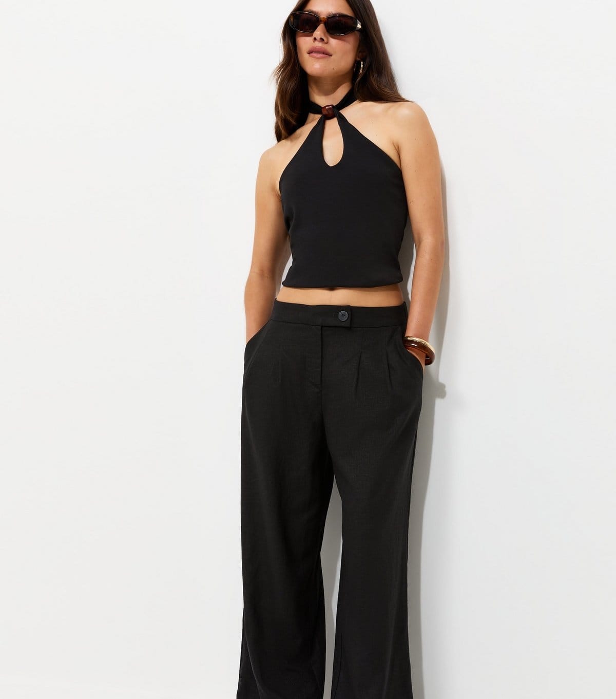 New Look Petite Black Linen Tailored Trousers