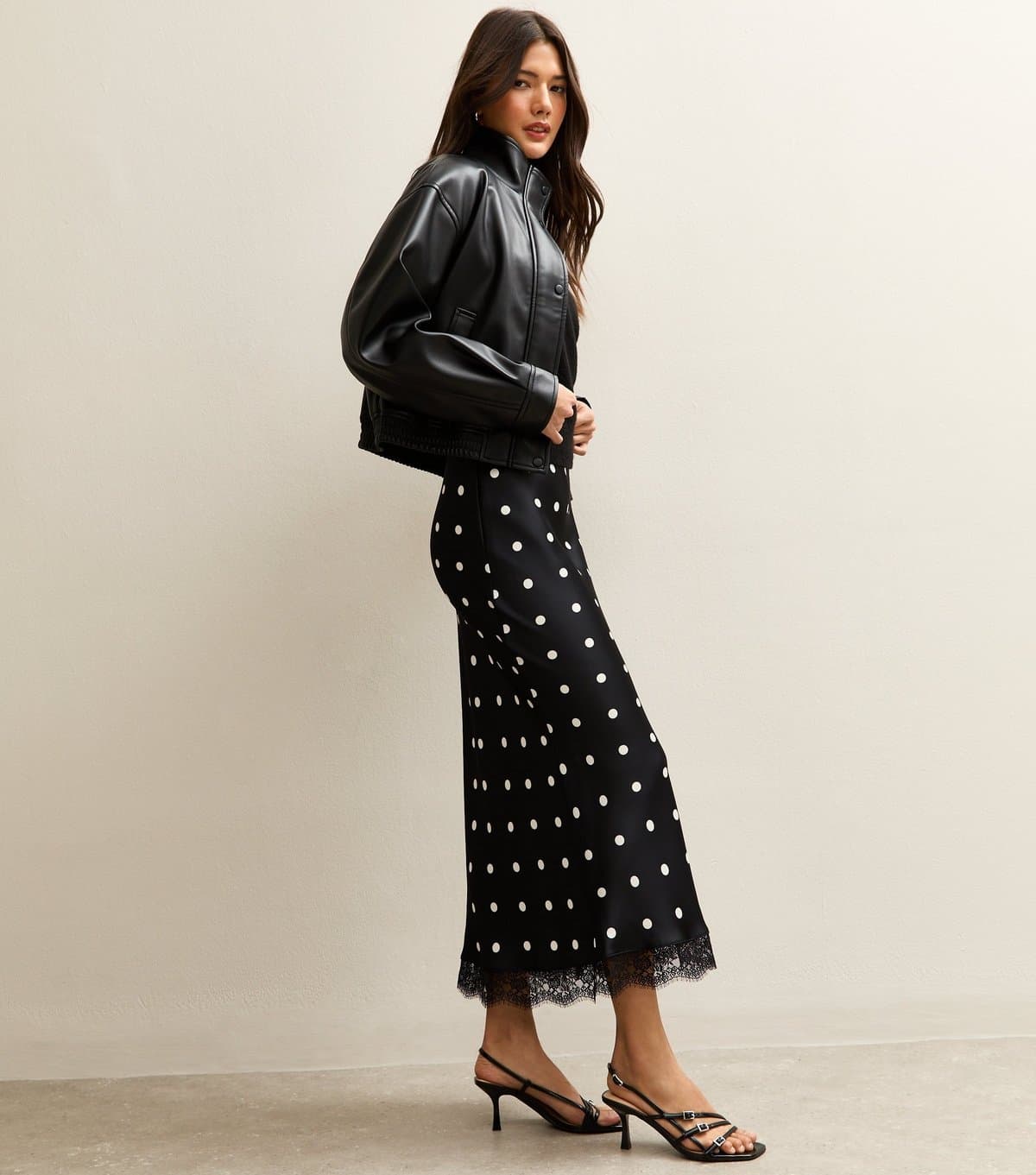 New Look Women's Black Satin Polka Dot Lace Trim Midi Skirt New Look
