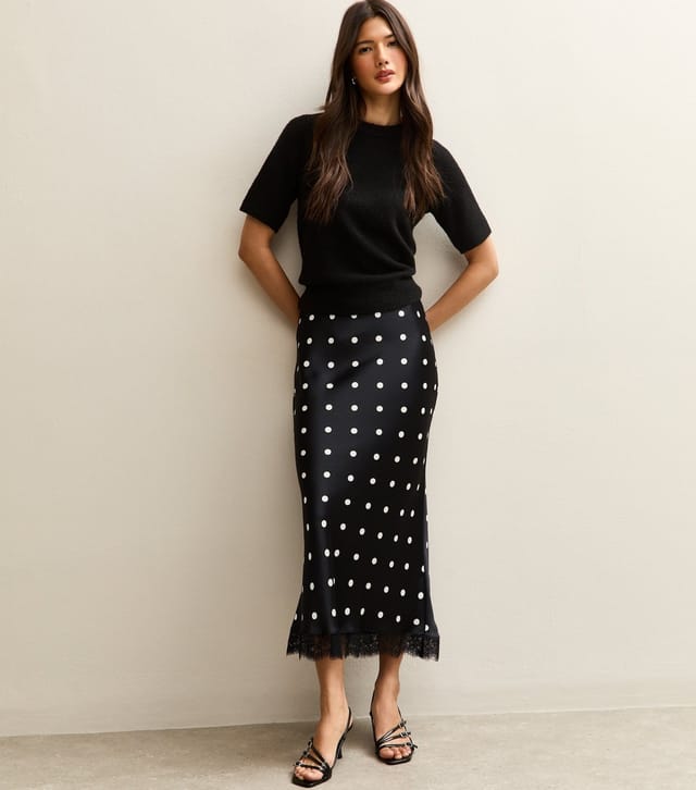 New Look Women's Black Satin Polka Dot Lace Trim Midi Skirt New Look - 2