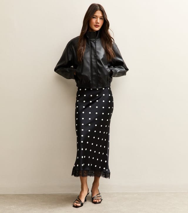 New Look Women's Black Satin Polka Dot Lace Trim Midi Skirt New Look - 3