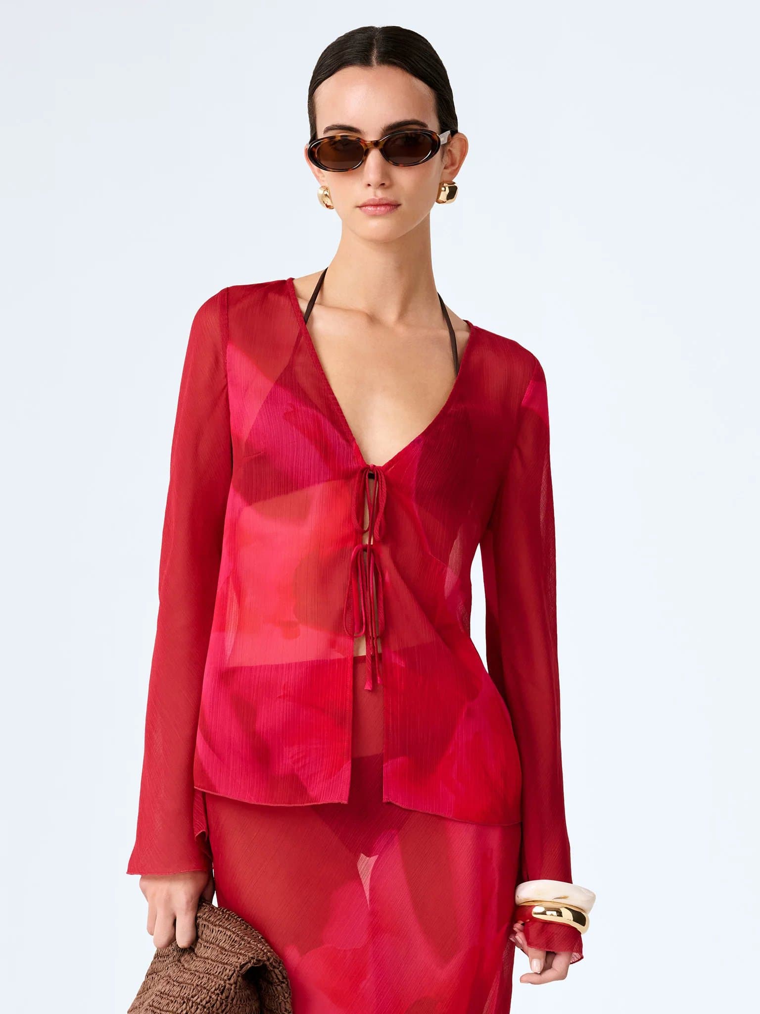 OMNES OMNES Red Sheer Chiffon Long-Sleeve Top