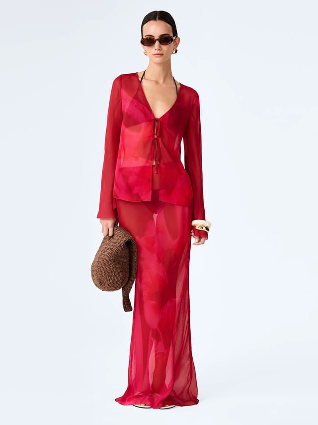 OMNES Marla Top in Red and Pink Floral Placement - 2