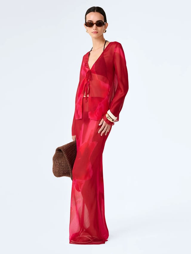 OMNES Marla Top in Red and Pink Floral Placement - 3