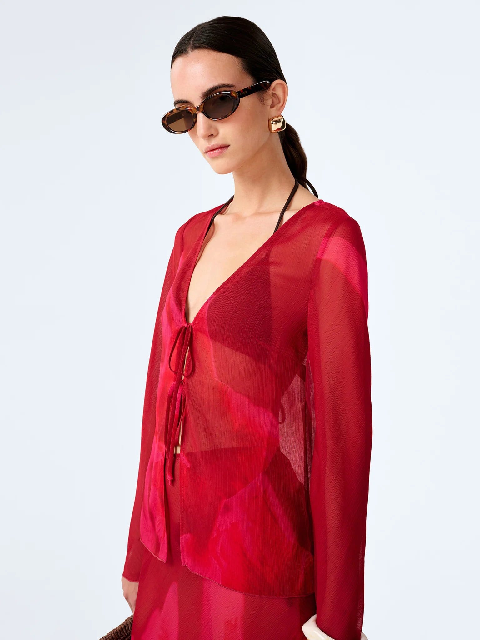 OMNES Marla Top in Red and Pink Floral Placement - 4