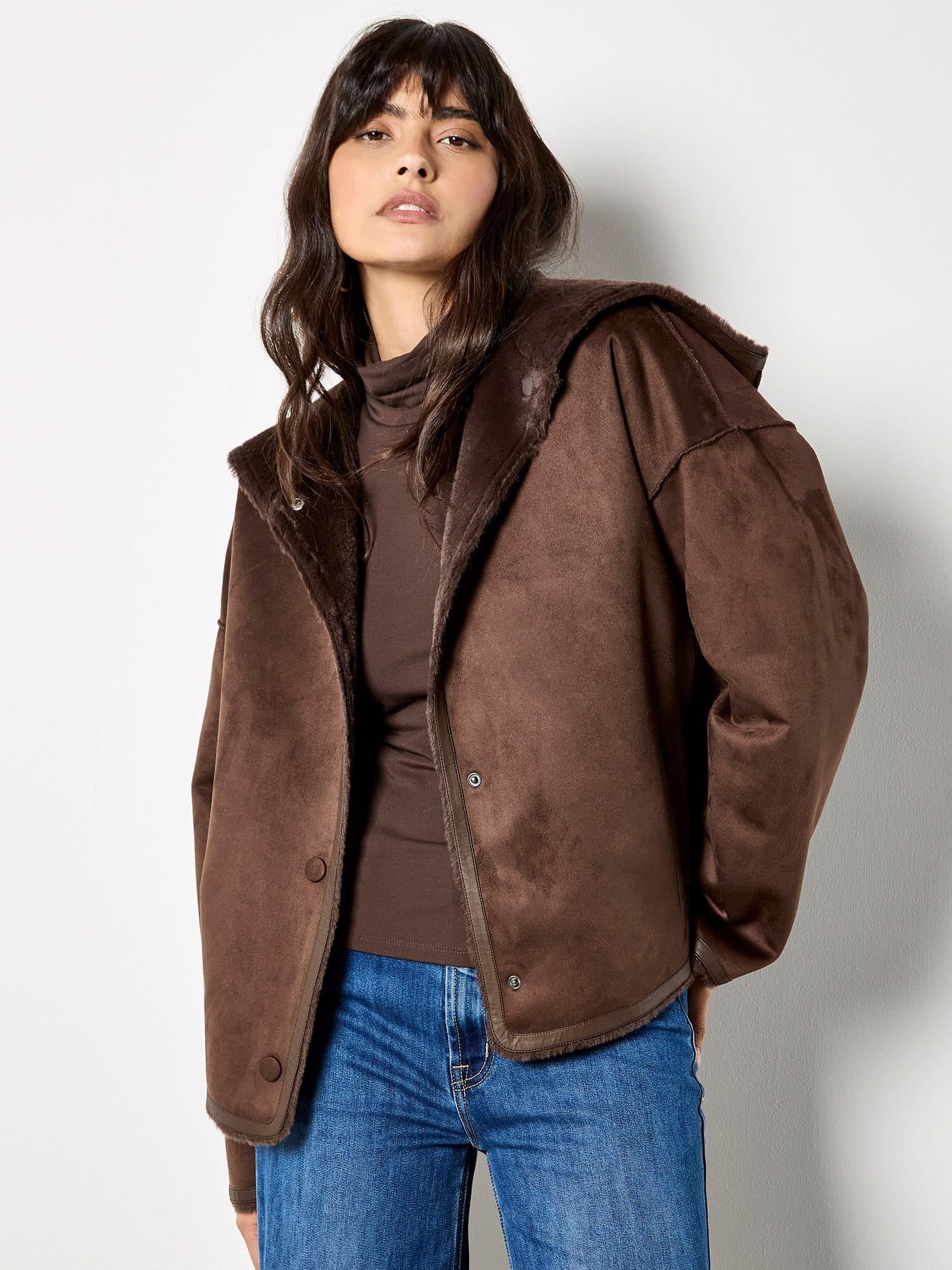 Apricot Apricot Women's Reversible Faux Fur Suede Jacket in Brown