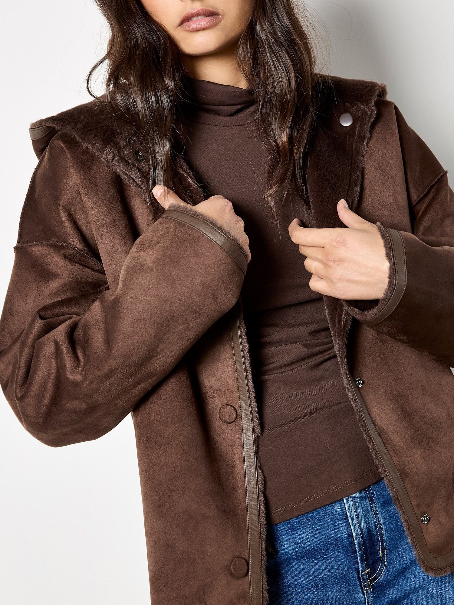 Apricot Apricot Women's Reversible Faux Fur Suede Jacket in Brown - 4