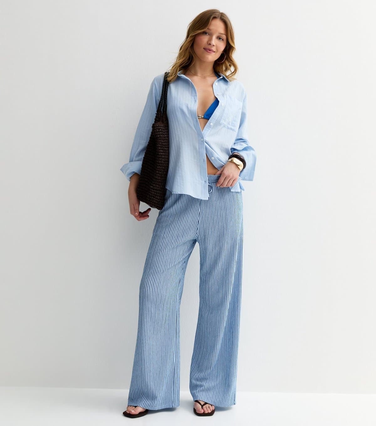 New Look Women's Blue Thin Stripe Crinkle Texture Wide Leg Trousers New Look