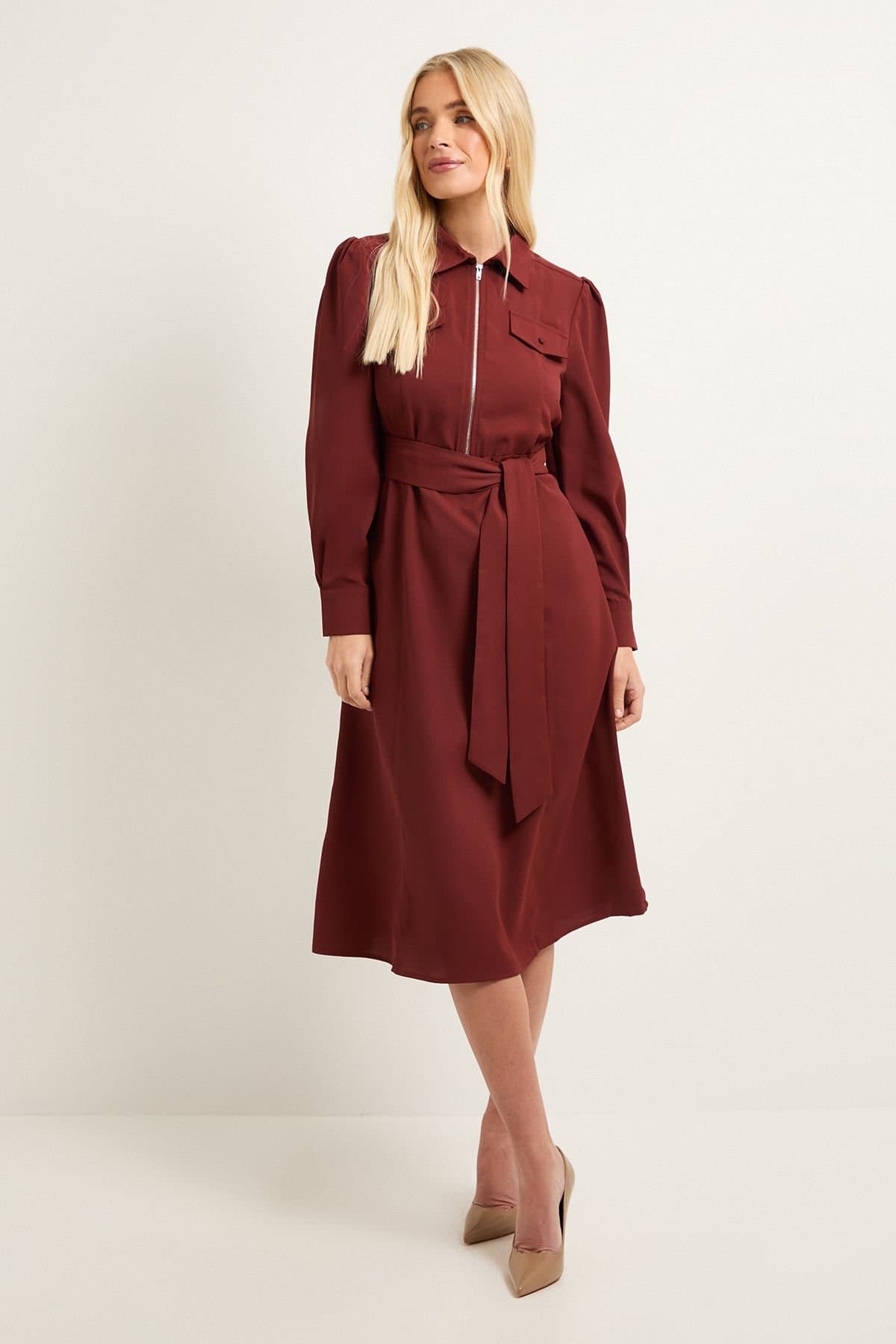 Wallis Wallis Women's Petite Zip Front Crepe Shirt Midi Dress in Tobacco