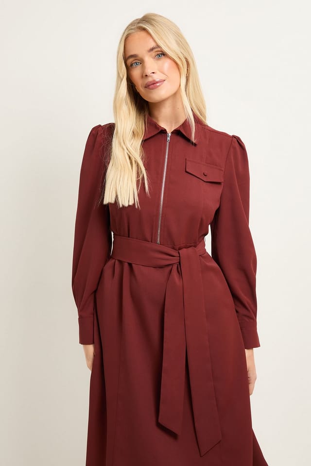 Wallis Wallis Women's Petite Zip Front Crepe Shirt Midi Dress in Tobacco - 2