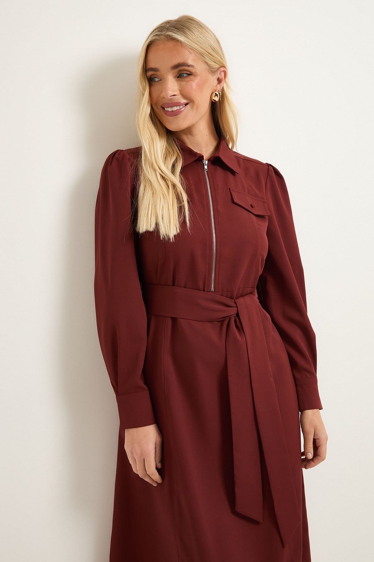 Wallis Wallis Women's Petite Zip Front Crepe Shirt Midi Dress in Tobacco - 4