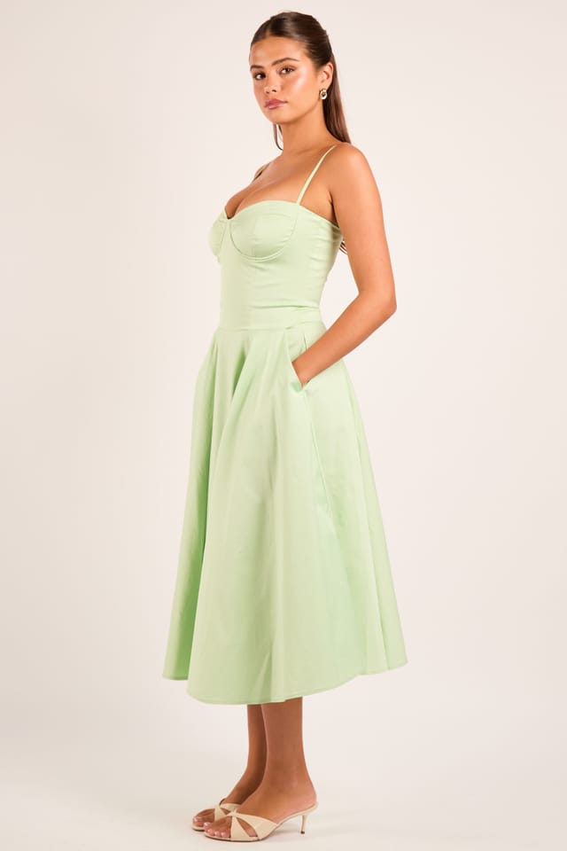 Jaded Rose Jaded Rose Women's Jade Sage Green Cotton Corset Midi Dress in Pale Green - 2