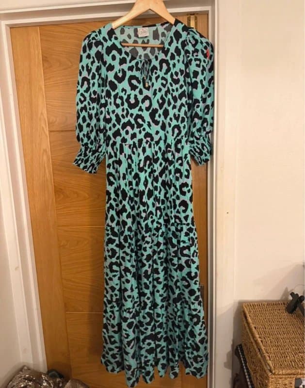 Scamp & Dude Scamp & Dude Mint Green Lilac Black Abstract Leopard Print Bow Front Tiered Smock Maxi Dress